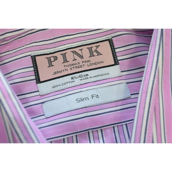 Thomas Pink Dress Shirt Slim Fit French Cuff Designer Striped Mens 16.5-36 Large - Picture 8 of 9